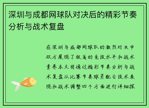 深圳与成都网球队对决后的精彩节奏分析与战术复盘